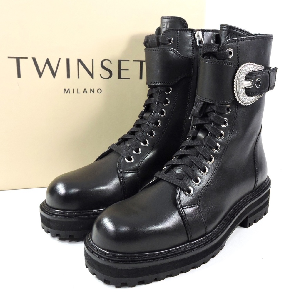 TWINSET 🇮🇹 WOMEN'S BLACK LEATHER COMFORT WINTER  BOOTS - Picture 6 of 6